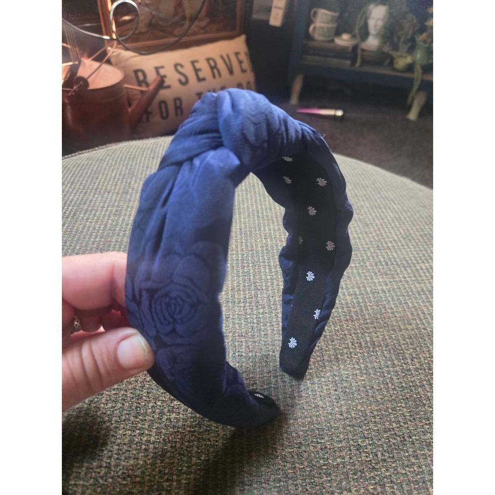 Lele Sadoughi Navy Blue Rose Jacquard Knotted Headband Floral Top Knot Accessory